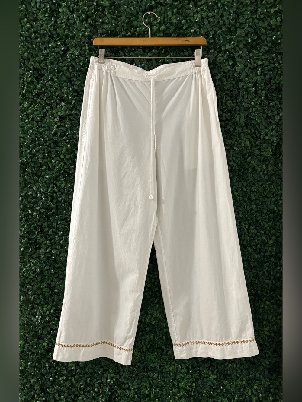 Sz M Anokhi Organic Cotton White Wide Leg Pants Gold Embroidered Trim